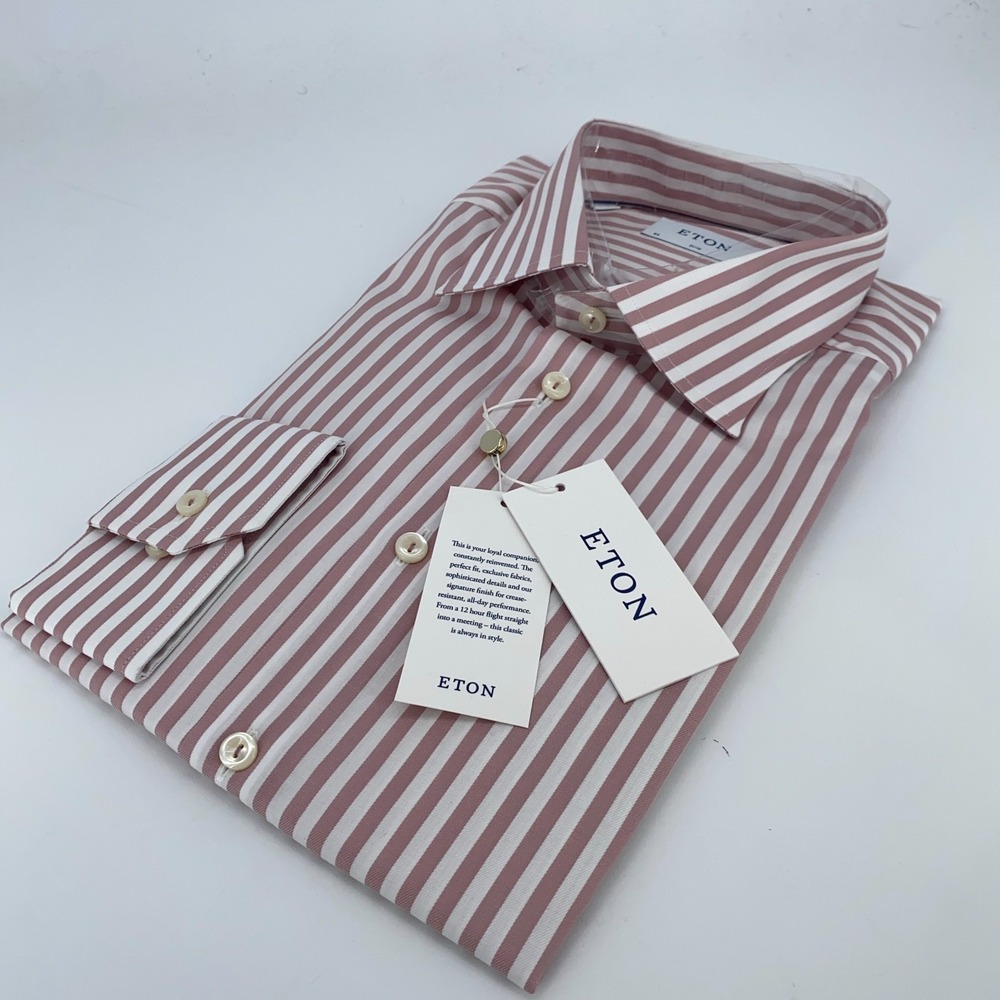 Eton Dress Shirt Mens XL 17 1/2‎ - 44 Pink White Striped Twill Slim Button Up